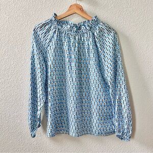 Ann Mashburn Silk Blue Floral Print Blouse Top Size Small Long Sleeve High Neck